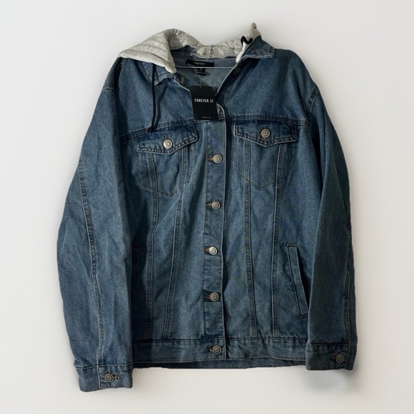 Forever 21 Jean Jacket Women's Medium Denim Trucker Long Sleeves Gray Hood NWT - Picture 1 of 11